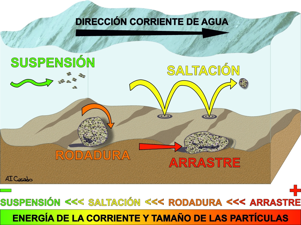 Representación esquemática de las formas de transporte de sedimento por corrientes fluviales. Figura de Ana Isabel Casado.