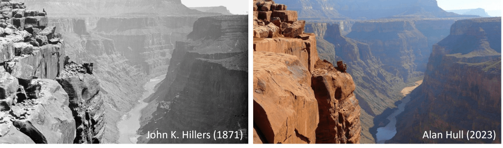 Figura 2. A la izquierda podemos ver una fotografía del Gran Cañón del Colorado de 1871 (de John K. Hiller) y a la derecha otra fotografía (de Alan Hull) del cañón en la actualidad, casi desde el mismo punto. Podemos comprobar como entre una fotografía y otra no existen diferencias apreciables en cuanto a la geología del paisaje, a pesar de haber pasado más de 150 años entre una fotografía y otra.