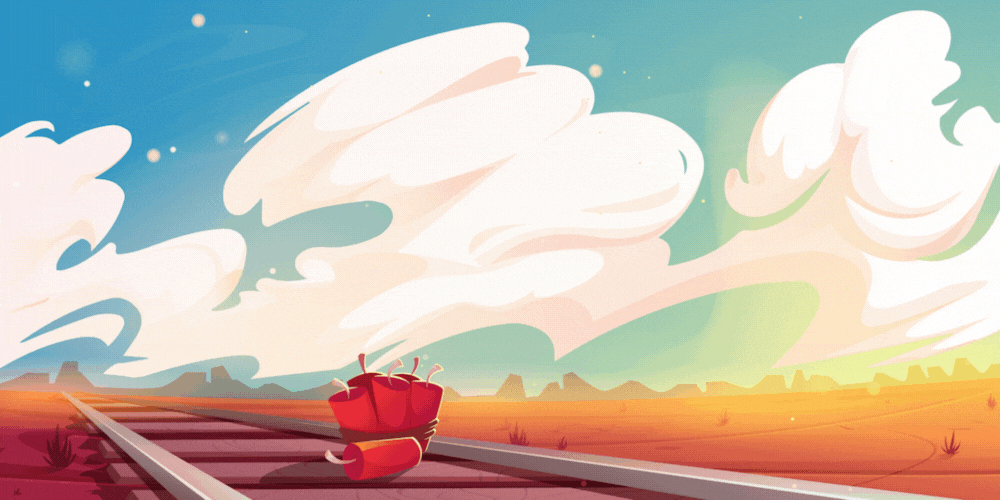GIF animado tipo cartoon de dinamita explotando en una vía de tren, tipo Correcaminos.