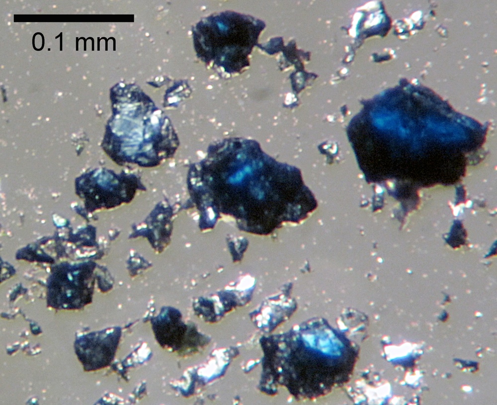 Figura 4. Imagen microscópica que muestra cristales de ringwoodita, un mineral de color azul intenso, distribuidos de forma dispersa sobre un fondo claro. Los cristales tienen formas irregulares y bordes angulosos, con tamaños de pocas décimas de milímetro. En la esquina superior izquierda hay una escala de referencia que indica 0,1 mm. Fuente: Steve D. Jacobsen/Schmandt, B. et al. (2014).