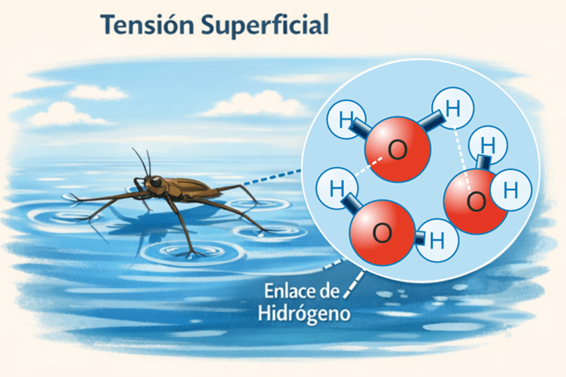 Figura 2. Ilustración de un insecto zapatero desplazándose sobre la superficie del agua sin hundirse. Junto a él se muestra un esquema ampliado de moléculas de agua unidas entre sí mediante puentes de hidrógeno. La imagen representa la tensión superficial del agua, causada por la fuerte cohesión entre sus moléculas, que permite que pequeños organismos se mantengan sobre su superficie.