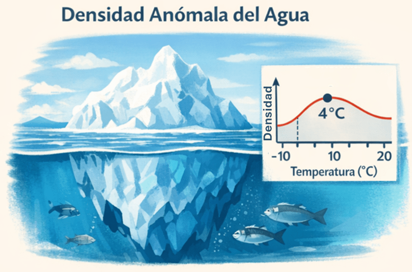 Figura 1. La imagen es una ilustración educativa que explica la densidad anómala del agua. En la parte superior aparece el título “Densidad Anómala del Agua”, escrito con letras claras y bien contrastadas.
La escena principal muestra un paisaje acuático frío. En la superficie del agua se observa un gran iceberg de color blanco y azul claro, flotando. Solo una pequeña parte del iceberg sobresale por encima del agua, mientras que la mayor parte se encuentra sumergida, mostrando que el hielo flota.
Bajo la superficie del agua, el color es más oscuro y se aprecia la parte sumergida del iceberg, mucho más grande que la visible. En esta zona aparecen varios peces nadando, lo que indica que, aunque la superficie esté congelada, el agua inferior permanece líquida y permite la vida.
A la derecha de la imagen hay un gráfico que relaciona la densidad del agua con la temperatura. El eje vertical indica la densidad y el eje horizontal la temperatura en grados Celsius, desde valores negativos hasta unos 20 grados. La curva del gráfico tiene forma de colina y alcanza su punto máximo a 4 grados Celsius, marcado con un punto destacado. Esto señala que el agua alcanza su máxima densidad a esa temperatura.
El conjunto de la imagen transmite la idea de que el agua no se comporta como la mayoría de las sustancias: al enfriarse por debajo de 4 grados, su densidad disminuye, lo que permite que el hielo flote y que el agua más densa quede en el fondo, protegiendo a los seres vivos en ambientes fríos.
Así que, la imagen explica de forma visual por qué los lagos y mares pueden congelarse en la superficie sin helarse por completo, gracias a la densidad anómala del agua.