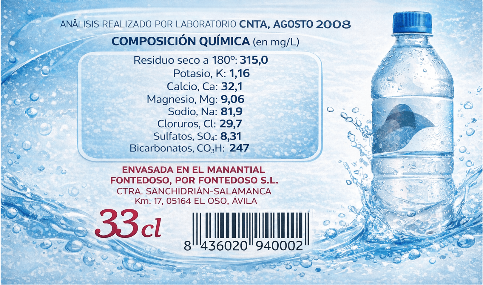Figura 7. Imagen de la etiqueta de una botella de agua mineral donde se detallan los valores del residuo seco y la concentración de distintos iones, como calcio, sodio o bicarbonato, expresados en miligramos por litro. También se indica el manantial de origen y el laboratorio que realizó el análisis. La figura muestra qué información química aporta una etiqueta de agua mineral.