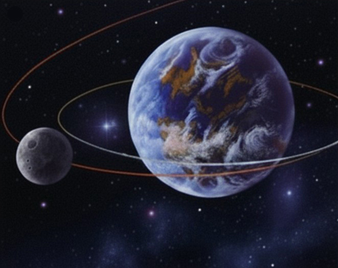 Ilustración del espacio: la Tierra aparece a la derecha, con nubes y continentes visibles, y a la izquierda se ve un cuerpo gris similar a la Luna; varias líneas curvas alrededor de la Tierra representan trayectorias orbitales, sugiriendo un escenario de captura gravitatoria.