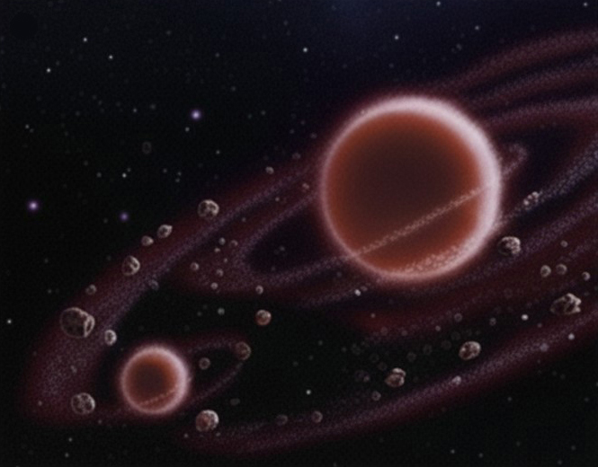 Ilustración del espacio con un fondo oscuro lleno de estrellas y numerosas partículas rocosas pequeñas dispersas. En la parte derecha destaca un cuerpo esférico grande, rojizo, con un halo brillante y una banda tenue que lo cruza, como un anillo o una zona de material en órbita. En la parte inferior izquierda aparece un segundo cuerpo similar pero más pequeño, también rojizo y rodeado por un halo. Varias franjas curvas de polvo y fragmentos conectan visualmente ambas zonas, sugiriendo que los dos cuerpos crecen a la vez al acumular material cercano (acreción binaria).