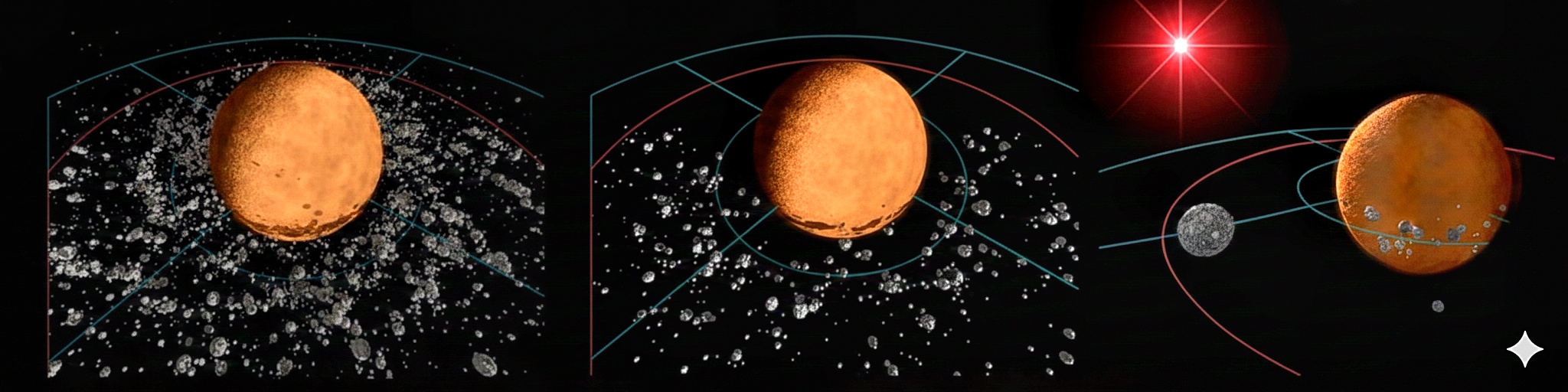 Secuencia de tres viñetas (de izquierda a derecha) sobre un fondo negro espacial que muestra la evolución de un disco de escombros alrededor de un planeta anaranjado (la Tierra primitiva). En la primera viñeta el planeta aparece rodeado por una nube muy densa de fragmentos y polvo, formando un anillo ancho; varias curvas de colores marcan trayectorias orbitales y límites alrededor del planeta. En la segunda viñeta el anillo de partículas es menos extenso y se concentra en torno al planeta, con fragmentos más separados y las mismas curvas orbitales superpuestas. En la tercera viñeta el planeta queda a la derecha y, a su izquierda, aparece una esfera gris pequeña (un satélite en formación) en una órbita marcada por líneas curvas; todavía se observan restos del anillo cerca del planeta, y en la parte superior derecha se ve un punto rojo brillante como una estrella.