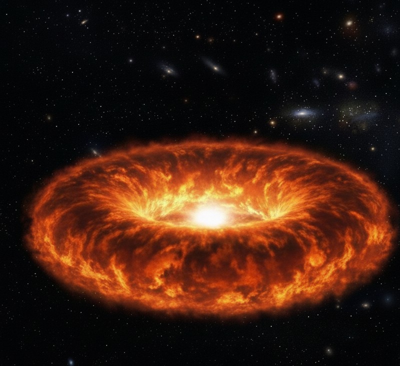 Ilustración del espacio con un fondo negro lleno de estrellas y pequeñas galaxias difusas. En la mitad inferior de la imagen domina una estructura enorme y aplanada, de color naranja y rojo brillante, con aspecto de nube incandescente en forma de disco o “donut” muy ancho. El borde exterior es irregular y turbulento, como llamas o remolinos de gas caliente, y hacia el centro la materia parece arremolinarse en espiral. En el núcleo hay una zona muy luminosa, casi blanca, que sugiere el punto más caliente y denso, rodeado por un anillo de material resplandeciente. La escena representa un objeto transitorio formado por material vaporizado tras un gran impacto, con un cuerpo central envuelto por una estructura discoidal extendida.