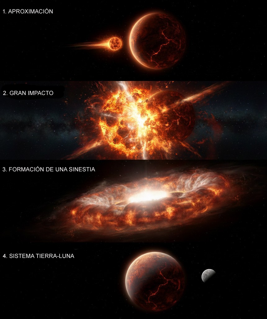 Infografía en cuatro paneles horizontales, sobre un fondo negro estrellado, que muestra una secuencia de formación del sistema Tierra-Luna; cada panel lleva un rótulo en la esquina izquierda. 1. “APROXIMACIÓN”: un planeta grande rojizo y agrietado aparece a la derecha, y un cuerpo menor incandescente se acerca desde la izquierda dejando una estela luminosa. 2. “GRAN IMPACTO”: ambos cuerpos colisionan y la escena queda dominada por una explosión muy brillante, con chorros y fragmentos de material al rojo vivo expulsados en varias direcciones. 3. “FORMACIÓN DE UNA SINESTIA”: la explosión da paso a una estructura ancha, aplanada y turbulenta, como un disco o anillo de gas y roca vaporizada, con un centro blanco muy luminoso y bordes anaranjados en remolino. 4. “SISTEMA TIERRA-LUNA”: el planeta vuelve a verse como una esfera rojiza a la izquierda y, a cierta distancia, aparece una luna gris más pequeña orbitando a su derecha, representando el sistema estabilizado tras el proceso.
