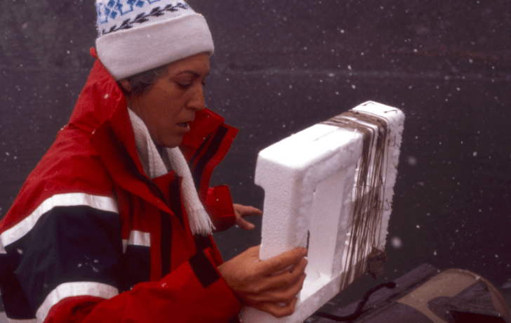 Qué se ve en general
Fotografía en color tomada en exterior, con un ambiente de frío intenso. El fondo es oscuro y uniforme, y se ven pequeños copos o partículas blancas en el aire, como nieve o ventisca ligera.

Persona y encuadre
En primer plano aparece Josefina Castellví, vista de perfil, orientada hacia la derecha. Ocupa casi toda la imagen. Su expresión es de concentración, con la mirada dirigida a un objeto que tiene delante.

Ropa y protección contra el frío
Josefina lleva un anorak grueso rojo con franjas claras en las mangas y el pecho, y un gorro blanco de lana con un dibujo geométrico azul en la parte superior. Del gorro cuelgan orejeras o cordones con pompones. También lleva una bufanda o prenda blanca alrededor del cuello.

Acción principal
Josefina está manipulando una caja o contenedor blanco de aspecto rígido (parece poliestireno o material aislante). La sostiene con una mano y con la otra introduce o ajusta un objeto fino (como un lápiz, varilla o herramienta pequeña) en una abertura o borde del contenedor, como si estuviera abriendo, comprobando o preparando el contenido.

Objetos y detalles adicionales
El contenedor blanco está colocado sobre una superficie oscura, posiblemente una caja, una mesa de campo o un equipo de transporte. En el lateral del contenedor se ven gomas o cuerdas oscuras enrolladas o sujetas, que parecen servir para asegurar la tapa o fijarlo durante el traslado.

Impresión general
La imagen transmite una escena de trabajo científico de campo en condiciones difíciles, con Josefina realizando una tarea manual precisa mientras cae nieve.